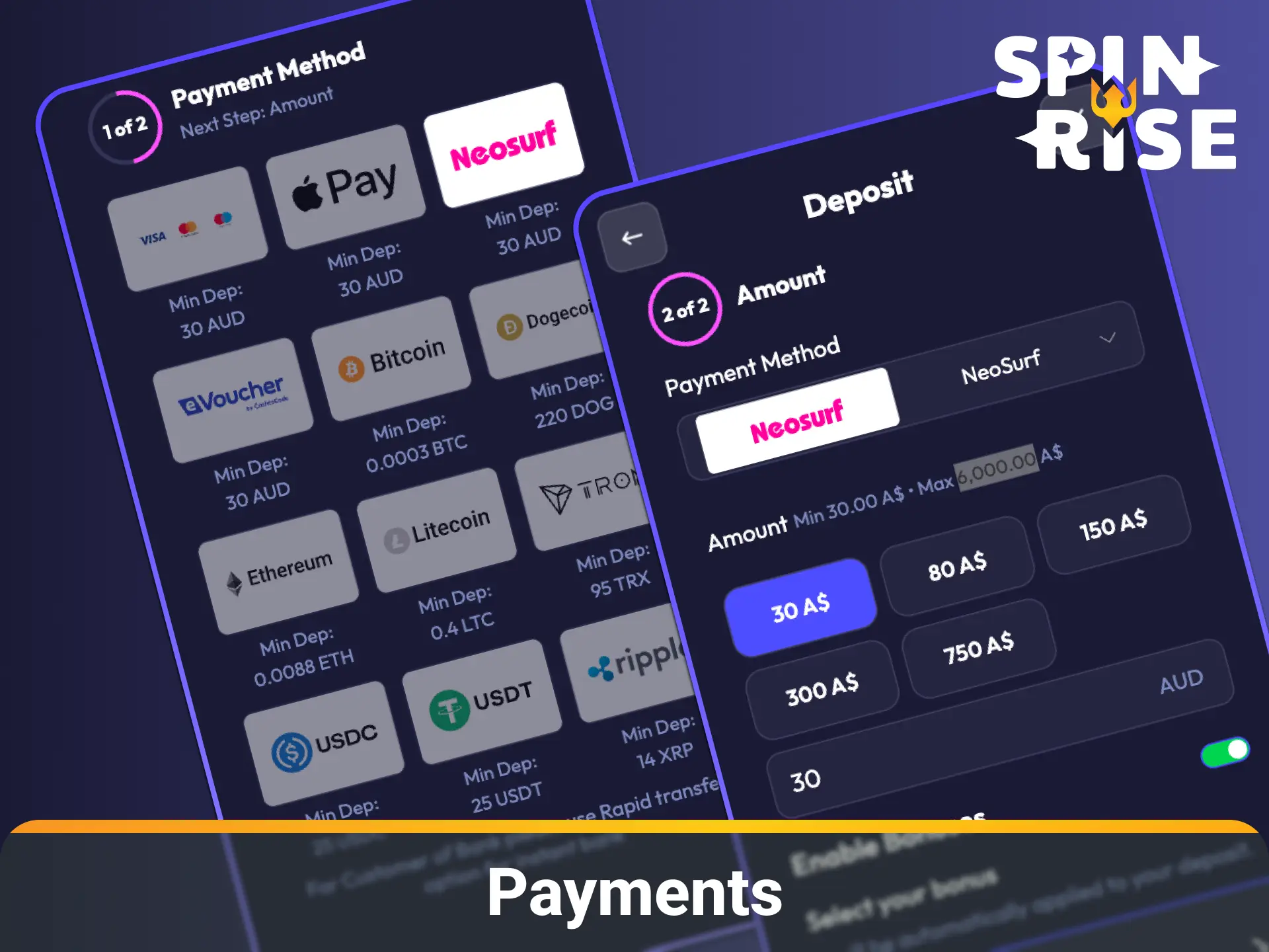 Make fast deposits and withdrawals with local payments on the Spinrise app in Australia.