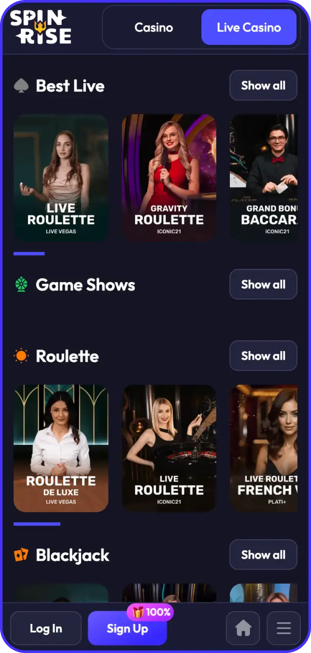 Experience real-time dealer games and streams on Spinrise app.