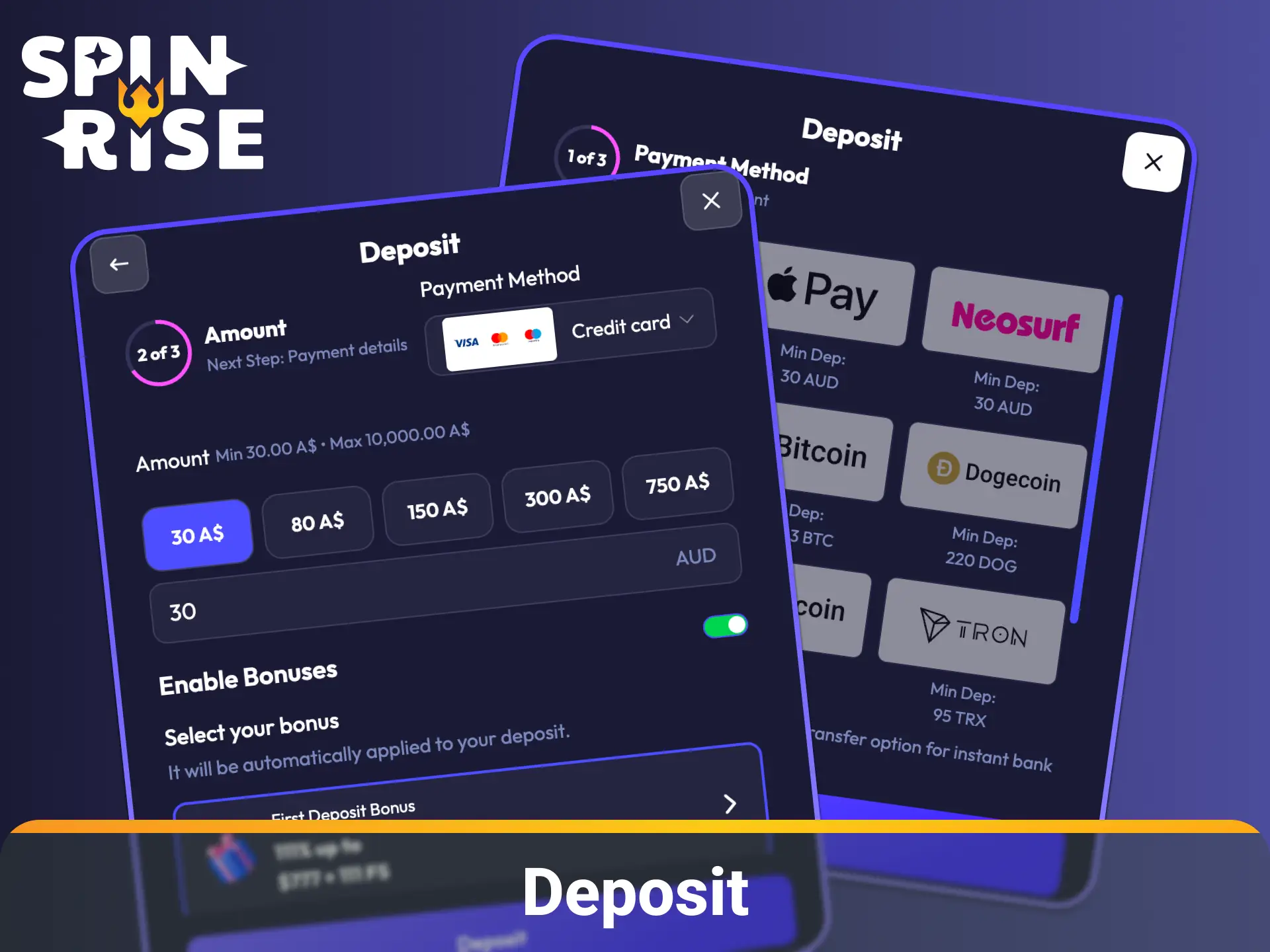 Follow simple instructions on how to make a deposit at Spinrise.