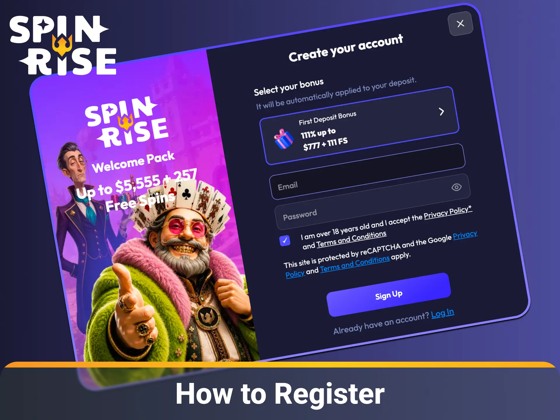 Register your account step-by-step to start playing at Spinrise in Australia.