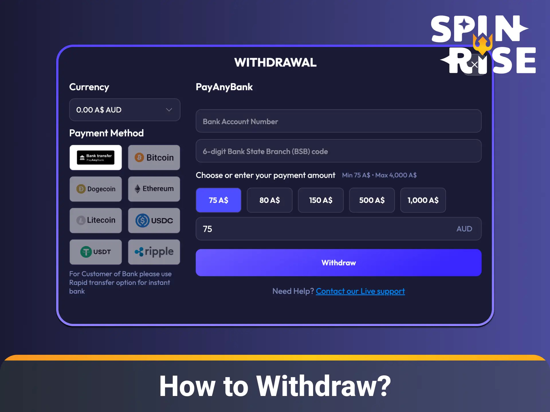 Request fast cashouts and learn how to withdraw winnings at Spinrise.