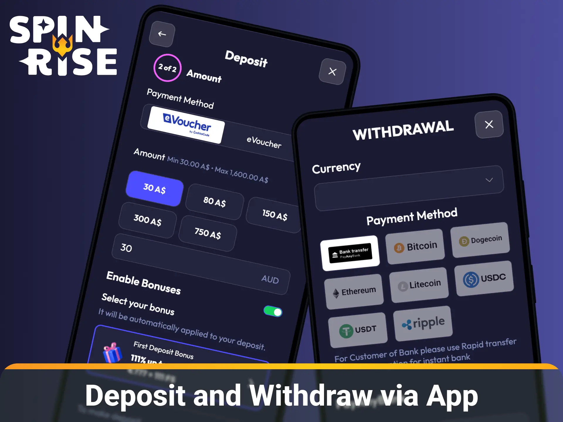Learn how to deposit and withdraw money easily on Spinrise payment via app.