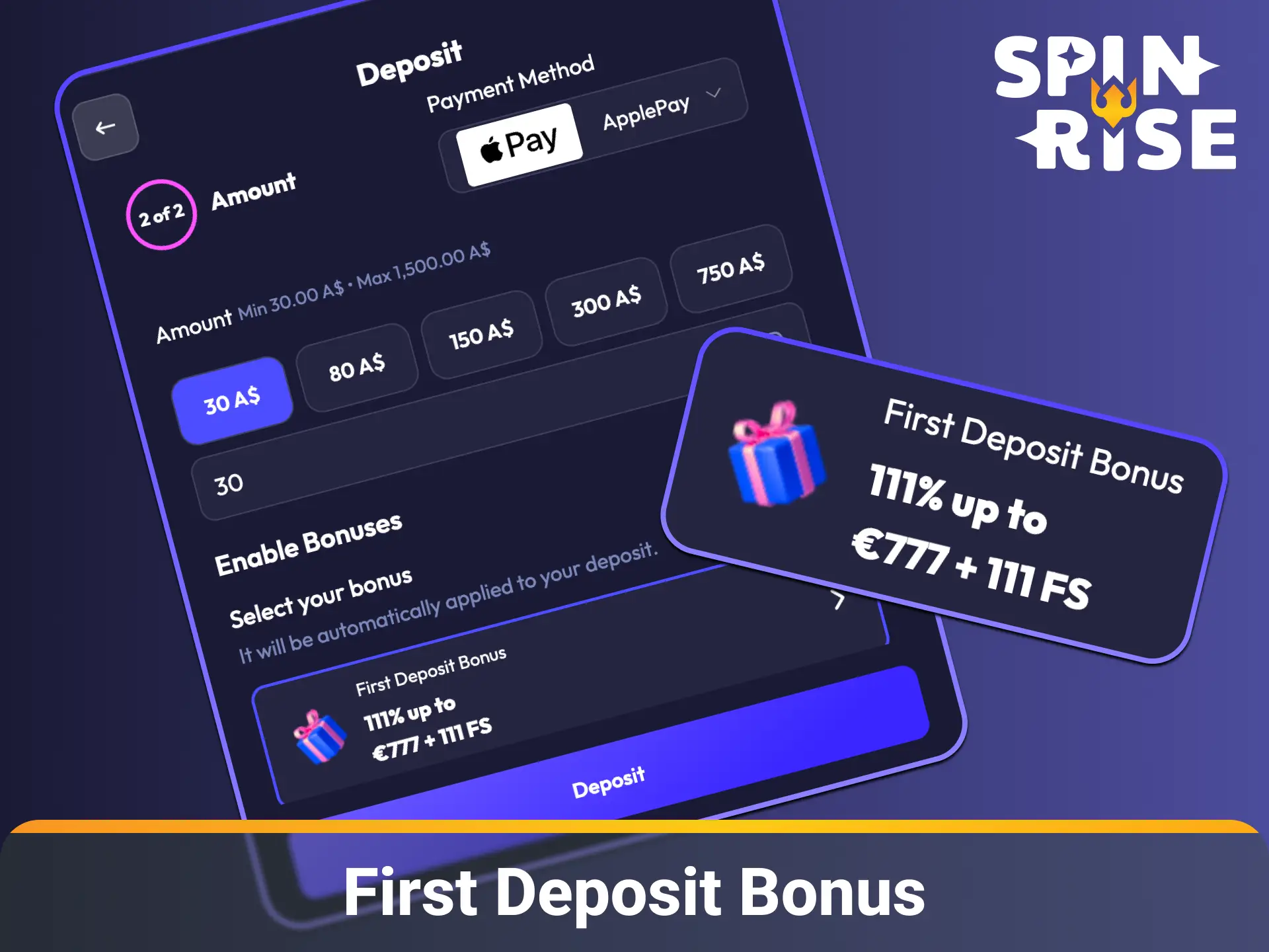 Claim your first deposit bonus package when funding your account on Spinrise payment.
