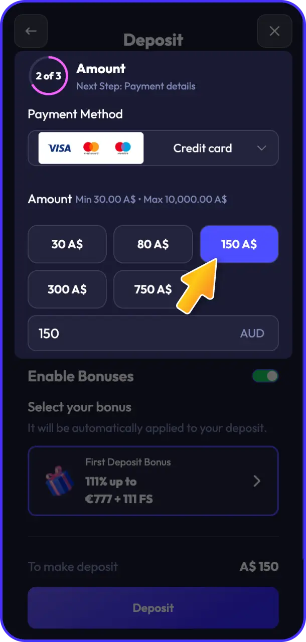 Enter the deposit amount to fund your gaming account on Spinrise payment.