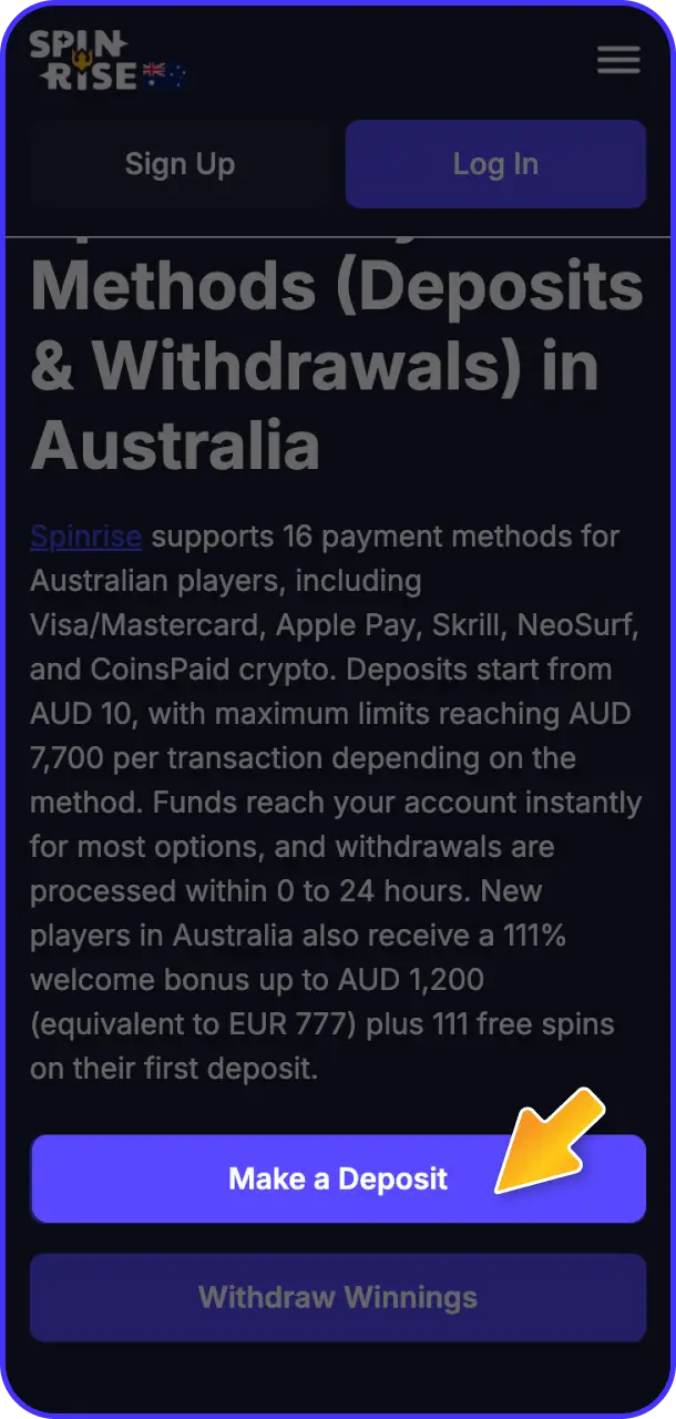 Register or log in to access your cashier options on Spinrise payment.