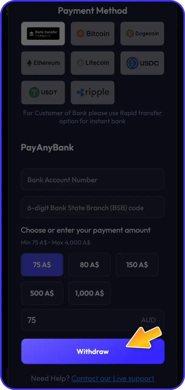 Submit the request to initiate fast processing of funds on Spinrise payment.