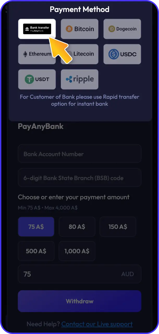 Select a withdrawal method that suits your preference on Spinrise payment.