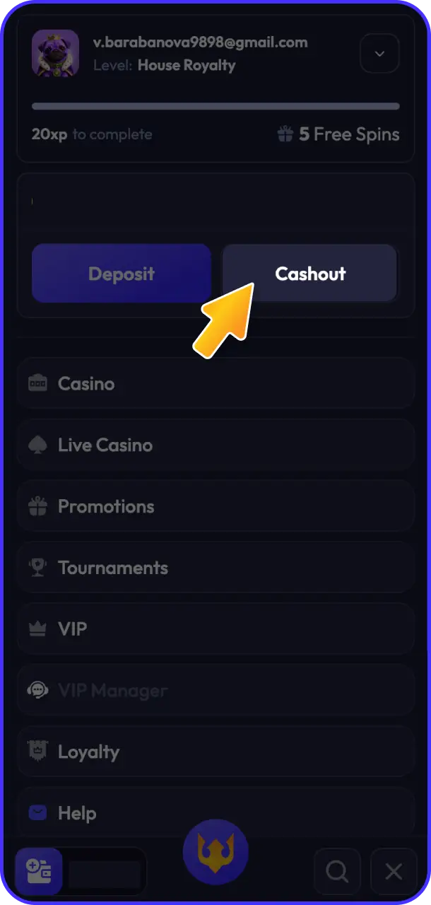 Open the cashier tab to view your withdrawable balance on Spinrise payment.