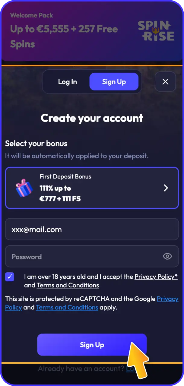 Register your account to become eligible for promotional offers on Spinrise bonus.