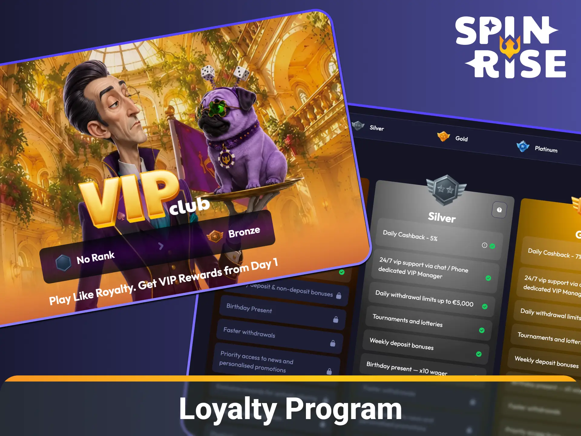 Progress through reward levels to unlock higher cashback rates, free spins, and VIP perks on Spinrise loyalty program.