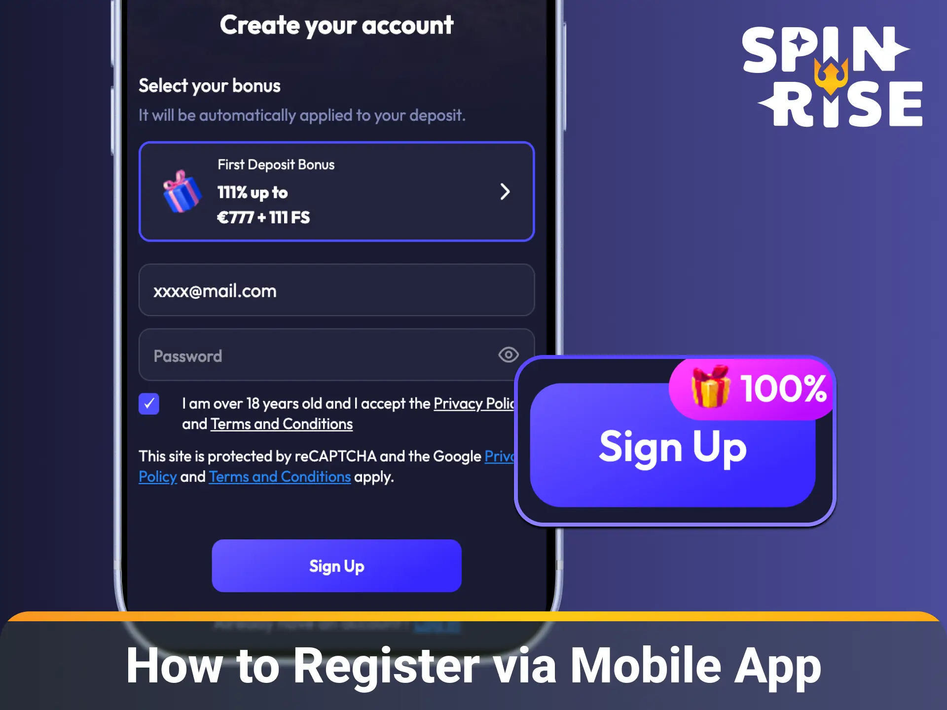 Follow step-by-step instructions to register on Spinrise via mobile app on Spinrise registration.