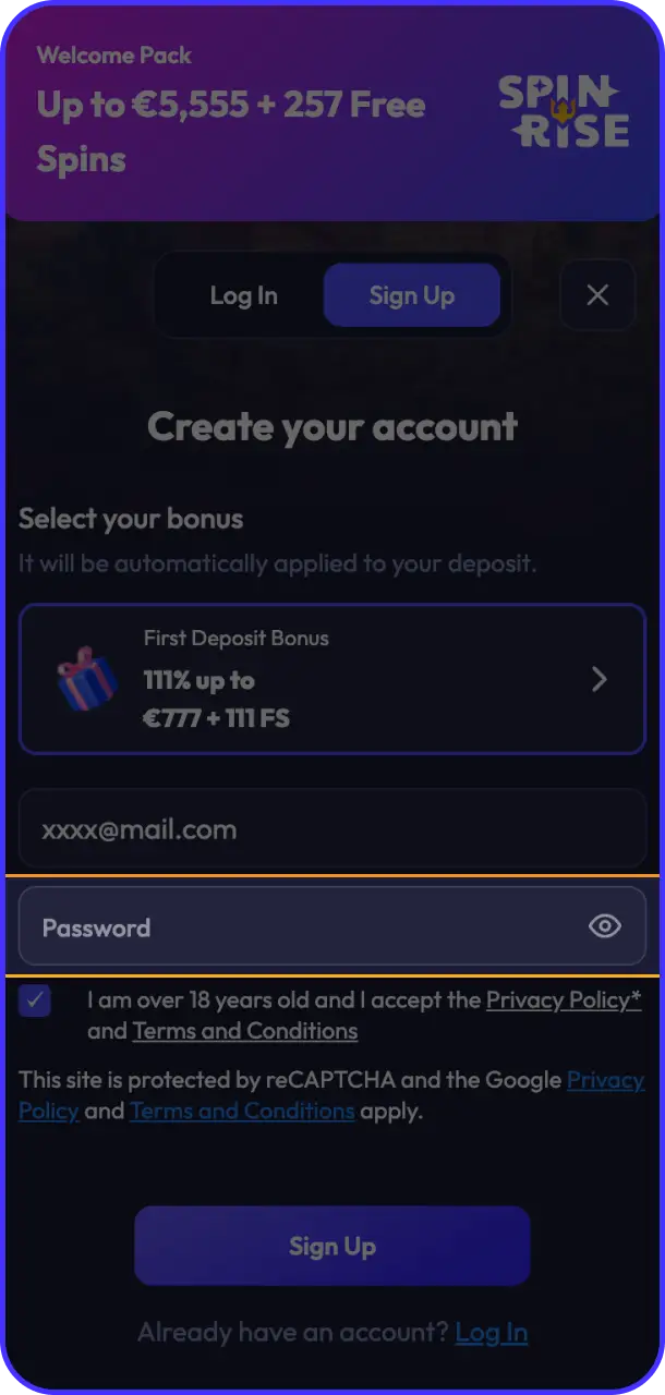 Set up your account credentials including a strong password on Spinrise registration.