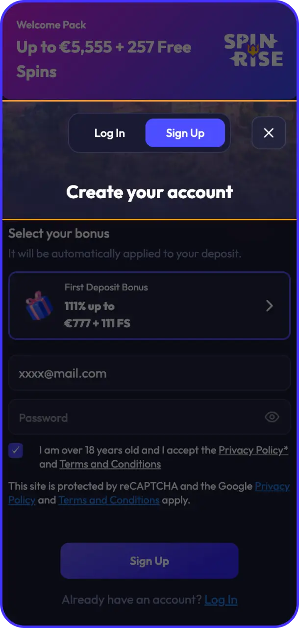 Choose your sign-up method via email, phone, or quick social options on Spinrise registration.