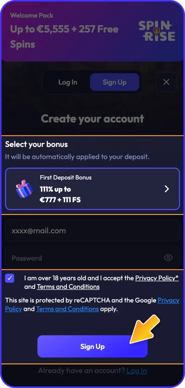 Accept the terms and claim your bonus package on Spinrise registration.